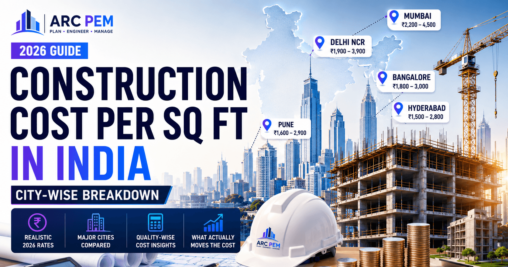 City skyline representing construction cost per square foot comparison across Indian cities