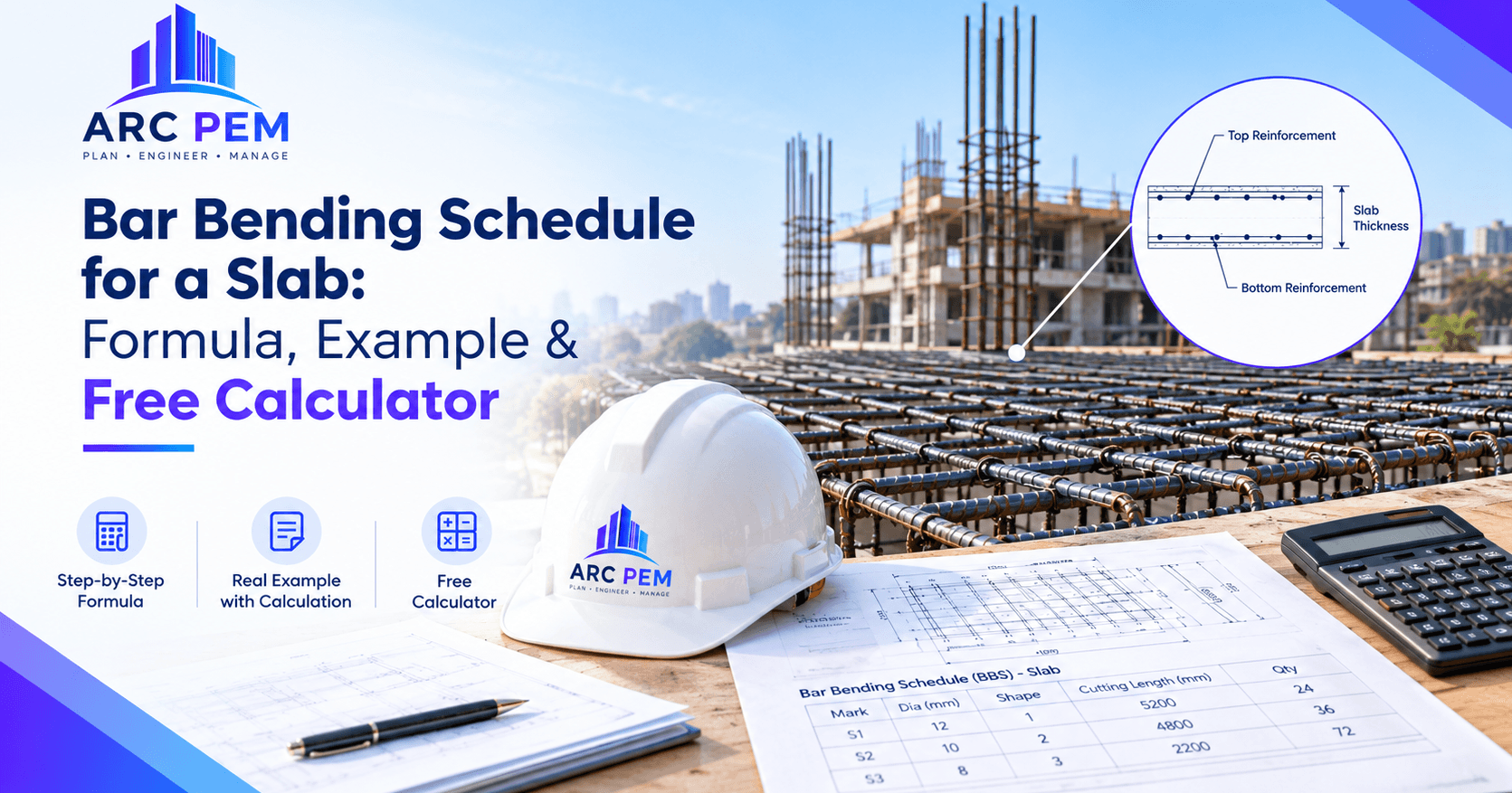 Reinforcement bars laid in a grid on a slab formwork at a construction site, with a bar bending schedule table beside it