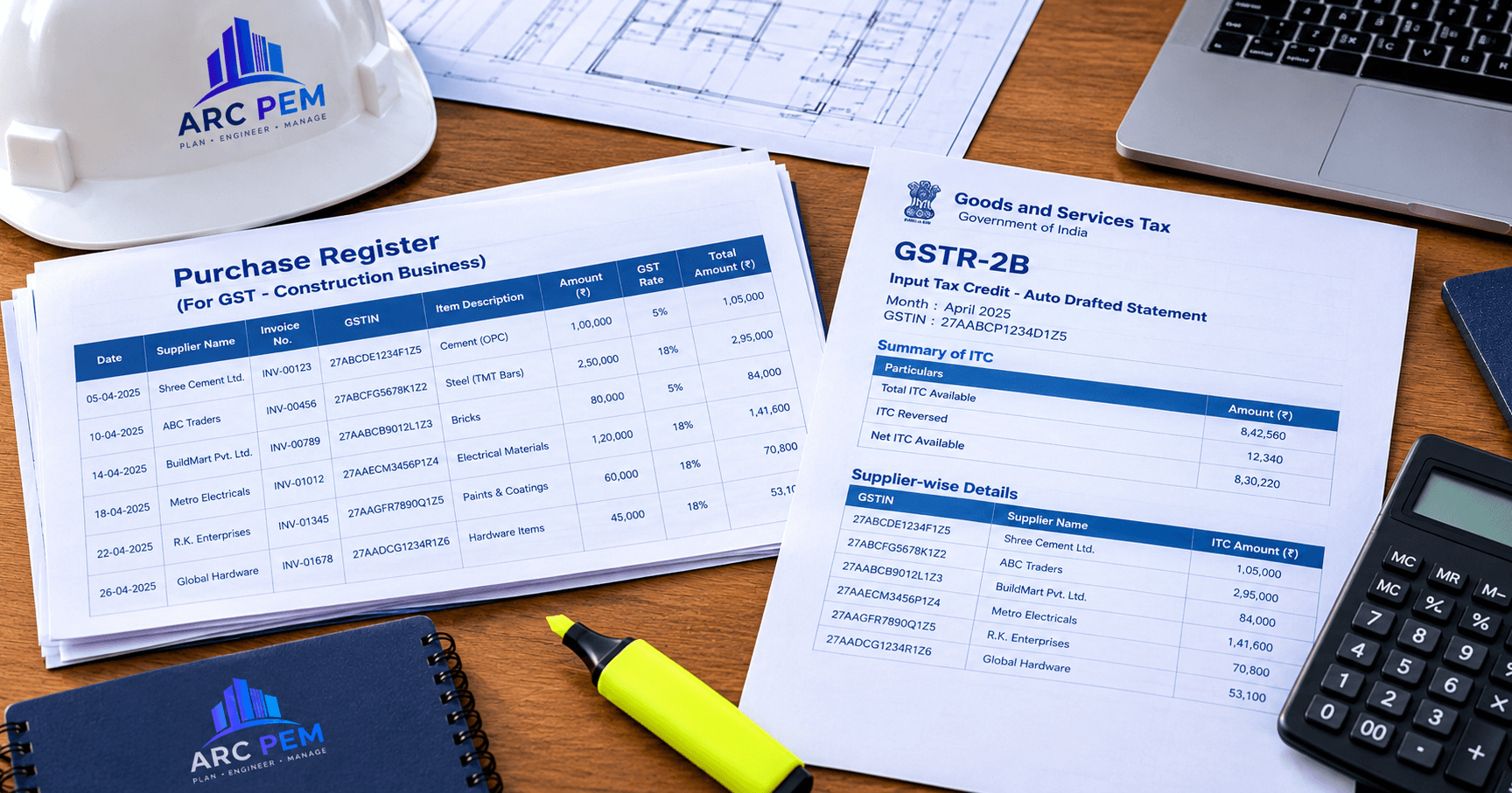 Purchase register and GSTR-2B statement being matched on a desk