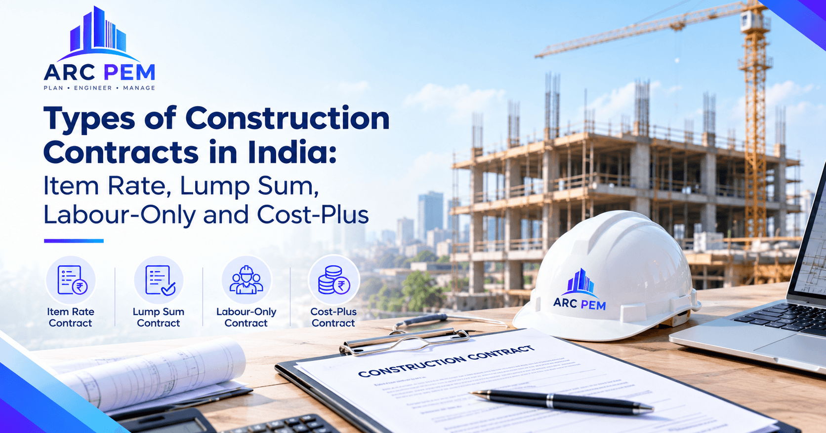 Construction contract documents with a calculator and hard hat on a desk