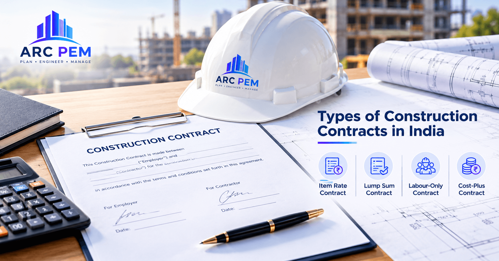 Construction contract documents with a calculator and hard hat on a desk
