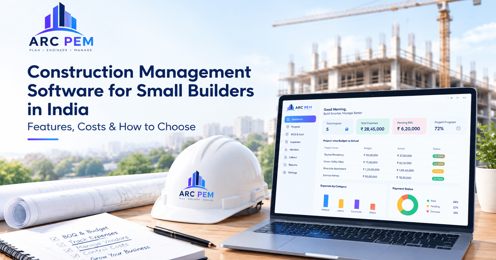 Construction manager reviewing project budgets, contractor bills and construction expenses on a laptop at a building site