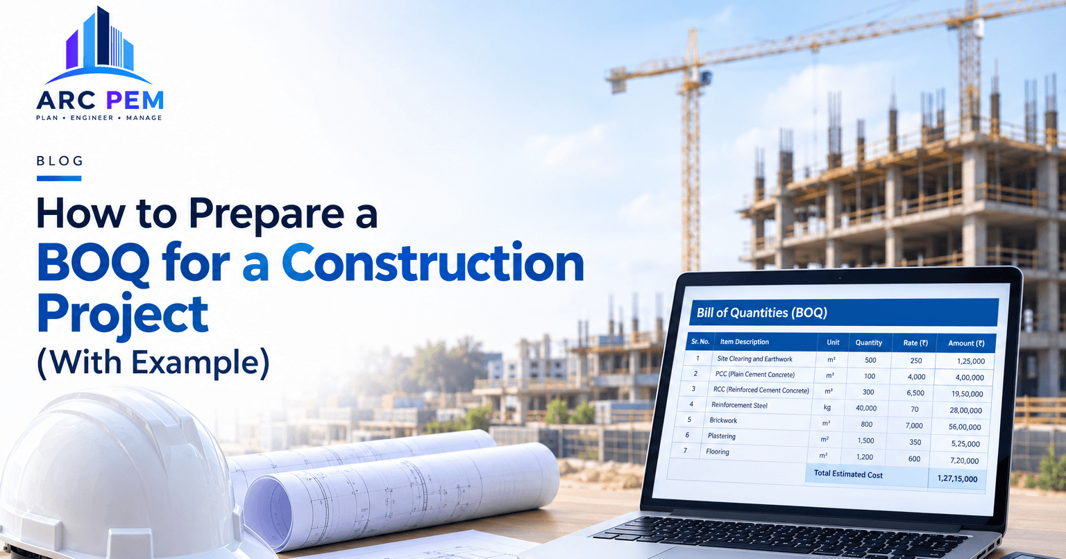 Bill of quantities table prepared on top of construction drawings