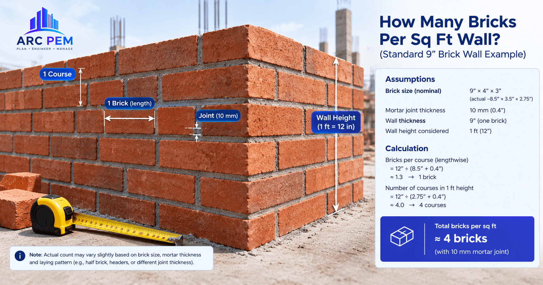 Brick wall with a tape measure showing courses and mortar joints