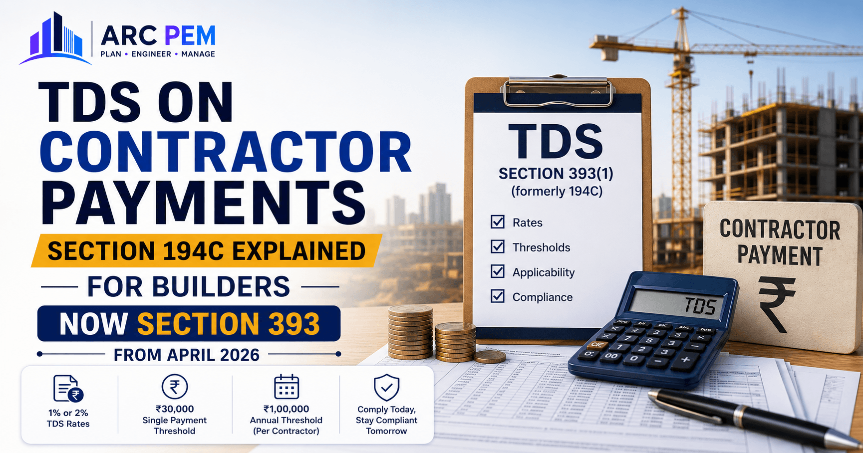Invoice and calculator representing TDS deduction on contractor payments under Section 194C