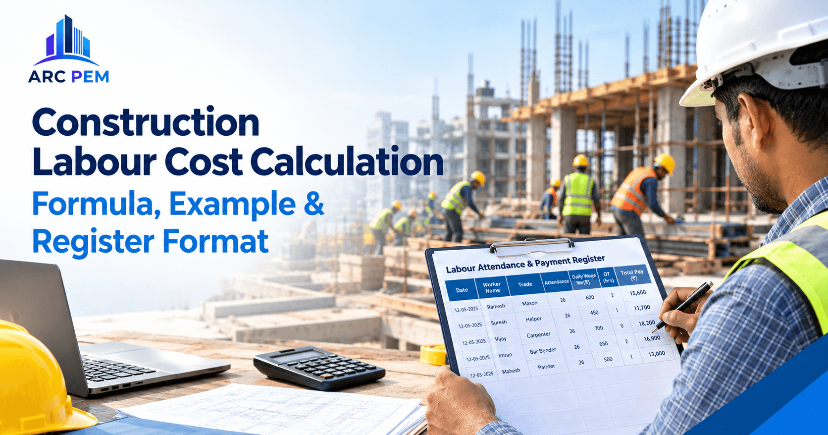 Construction labour register and calculator on a site desk