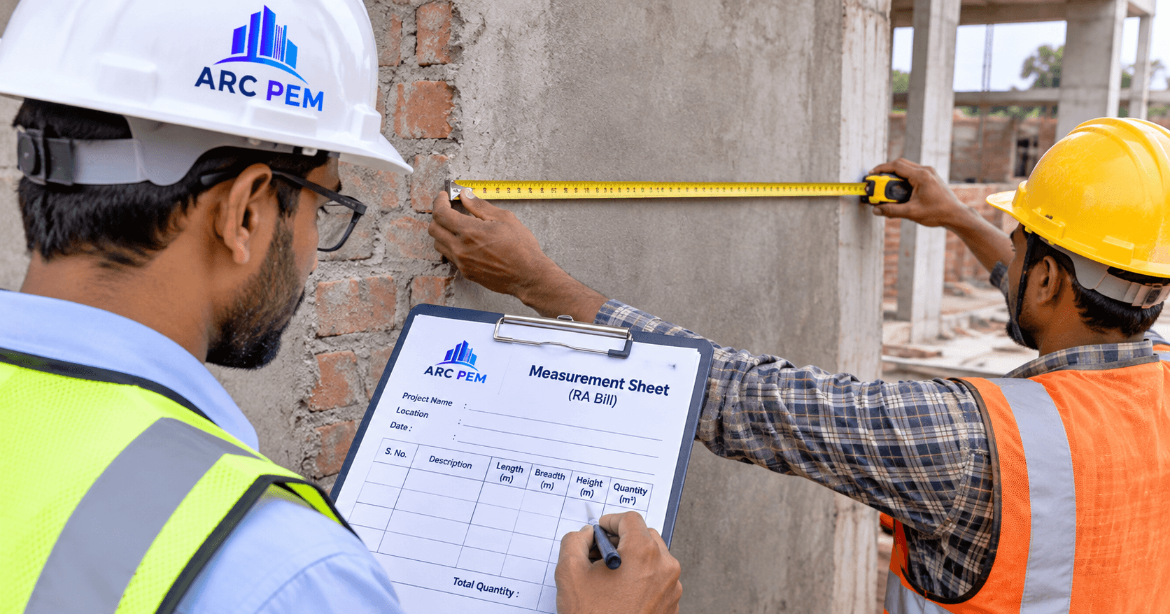 Site engineer and contractor taking measurements for an RA bill