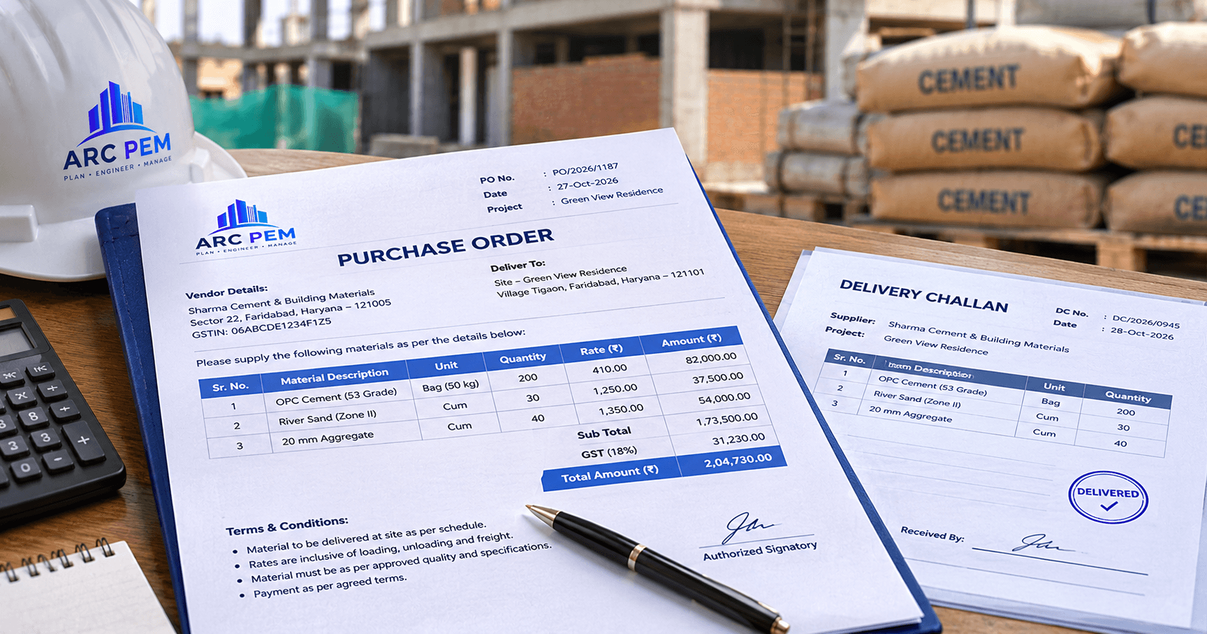 Construction purchase order with a delivery challan on a site-office desk
