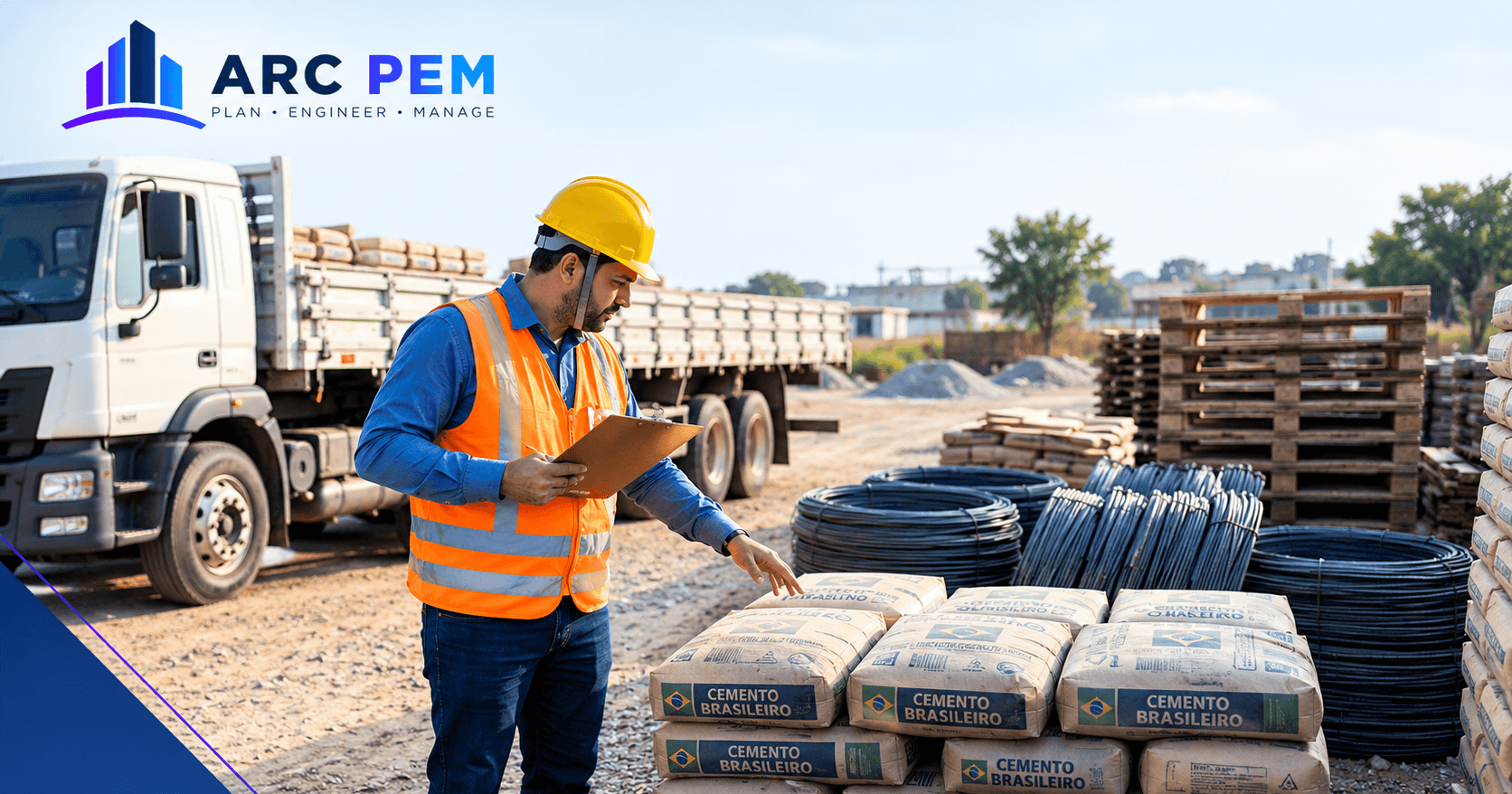 Material stock register beside stacked cement bags on a construction site