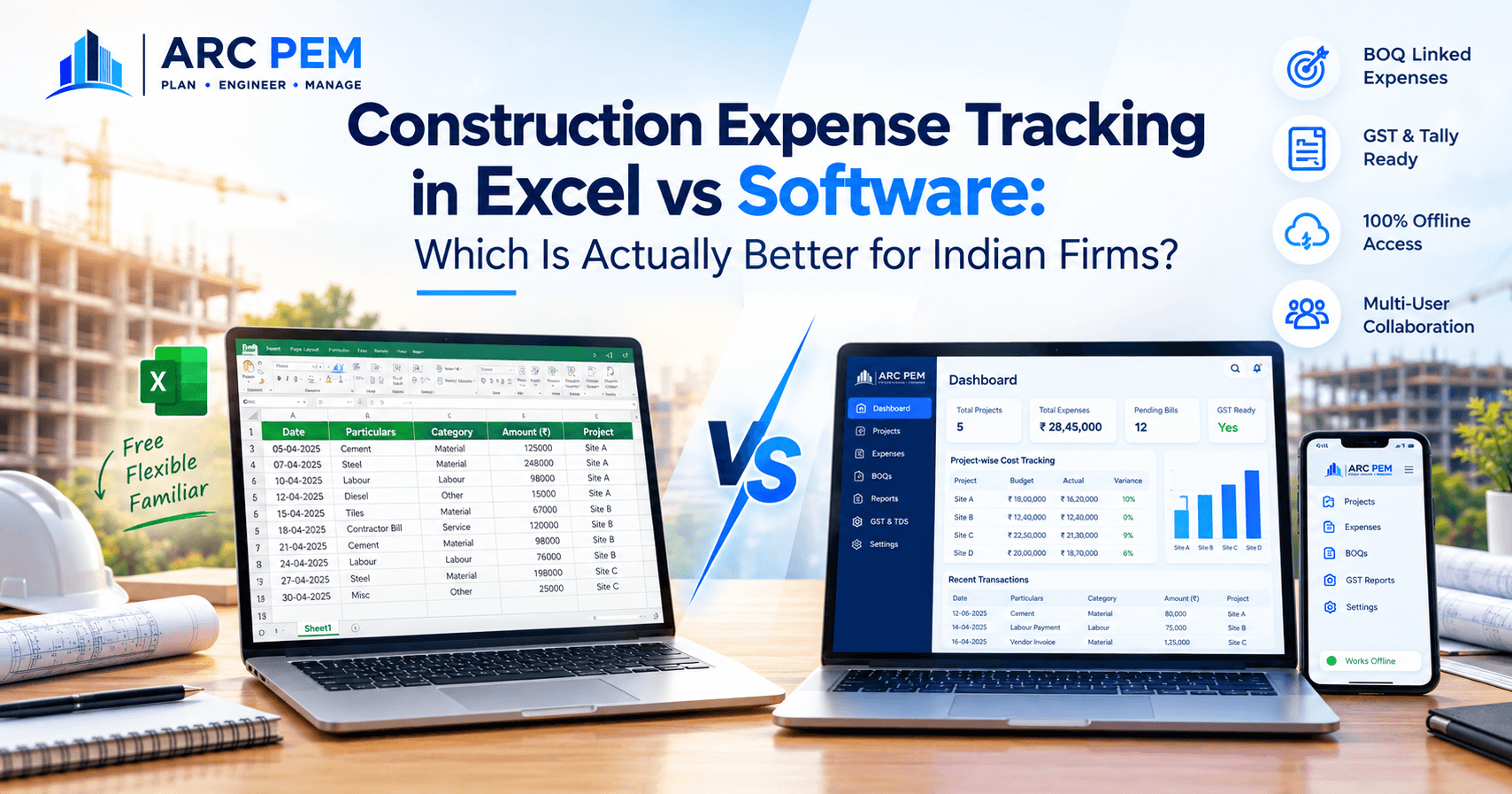 Split comparison of an Excel spreadsheet and construction expense tracking software dashboard