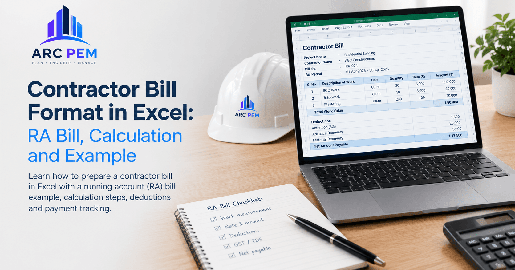 Contractor RA bill with calculator and measurement sheet on a desk